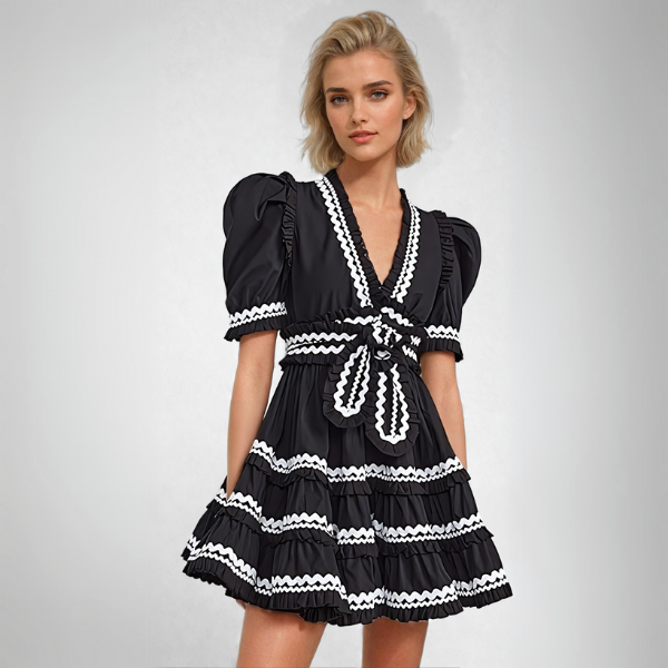 Sydney™ | V-Neck Striped Patchwork Flare Short Dress