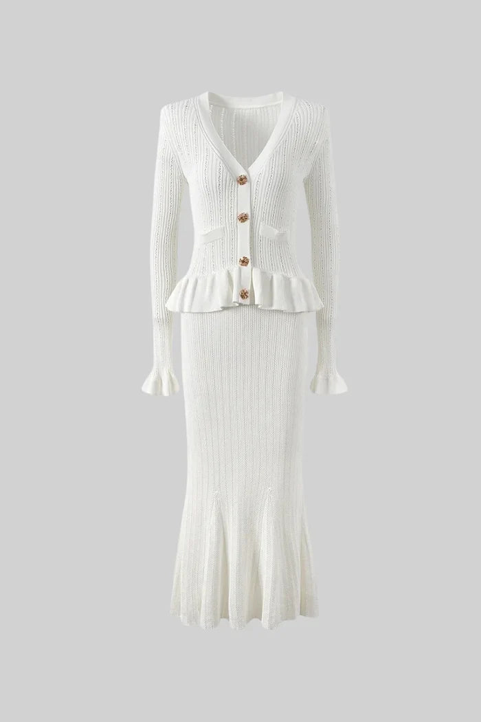 Pippa™ | White Ruffled Jacket & Flared Skirt Knit Matching Set