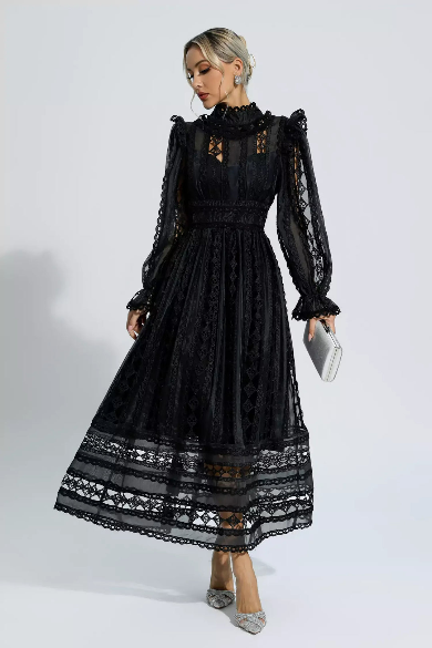 Mackenzie™ | Turtle Necked Lace Long Sleeved Dress