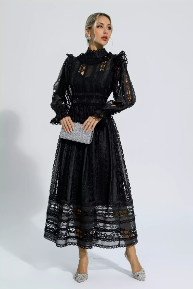 Mackenzie™ | Turtle Necked Lace Long Sleeved Dress