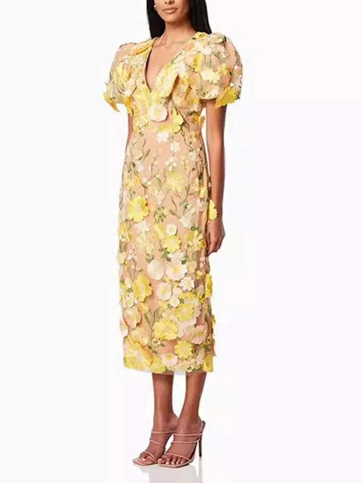 Emilia™ | Floral Puff Sleeve Midi Dress