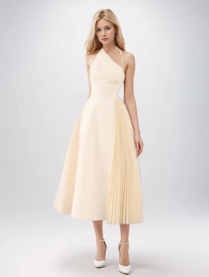 Daphne™ | White Oblique Shoulder Sling Pleated Dress