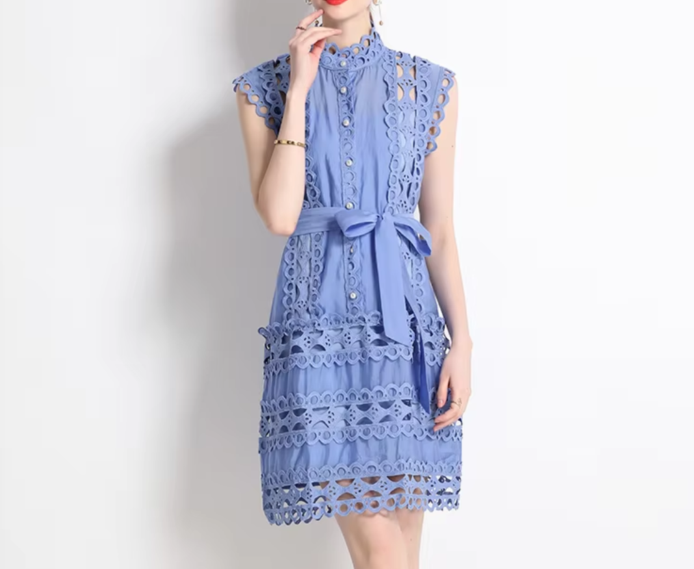 Emery™ | Blue Capri Mini Broderie Lace Dress