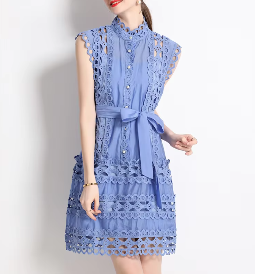 Emery™ | Blue Capri Mini Broderie Lace Dress